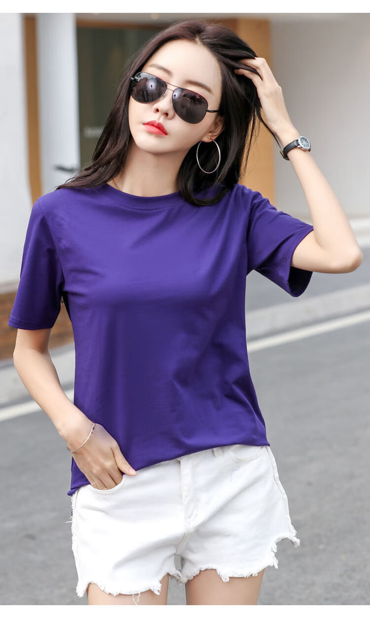 短袖t恤女宽松大码紫色上衣半截袖开叉丅恤深蓝色s偏大建议90110斤