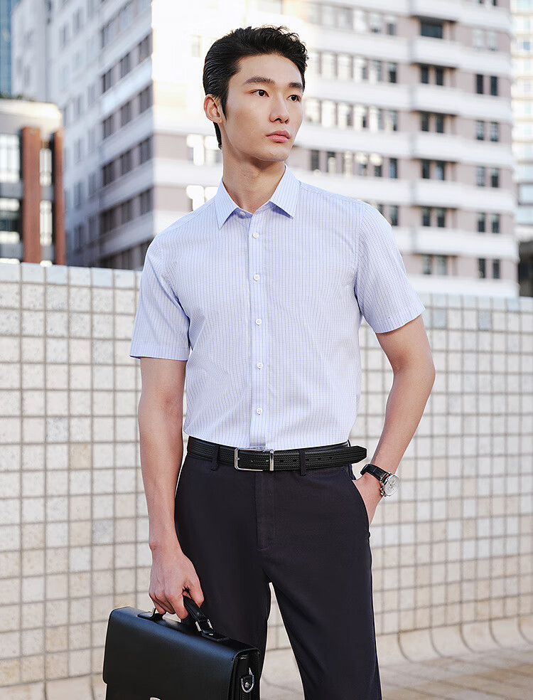 YOUNGOR Summer Youth Business Casual High-End Plaid Short-Sleeve Shirt, Gray Plaid, Size 38 10