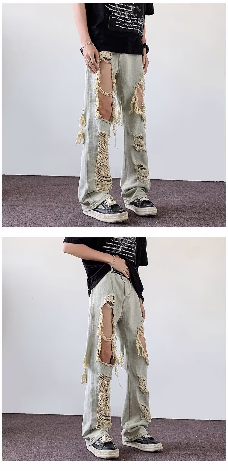 American Retro Ripped Jeans Men's Summer Loose Casual Student Niche Design Sense Beggar Wide-leg Slacks, Black S_viptrois.com