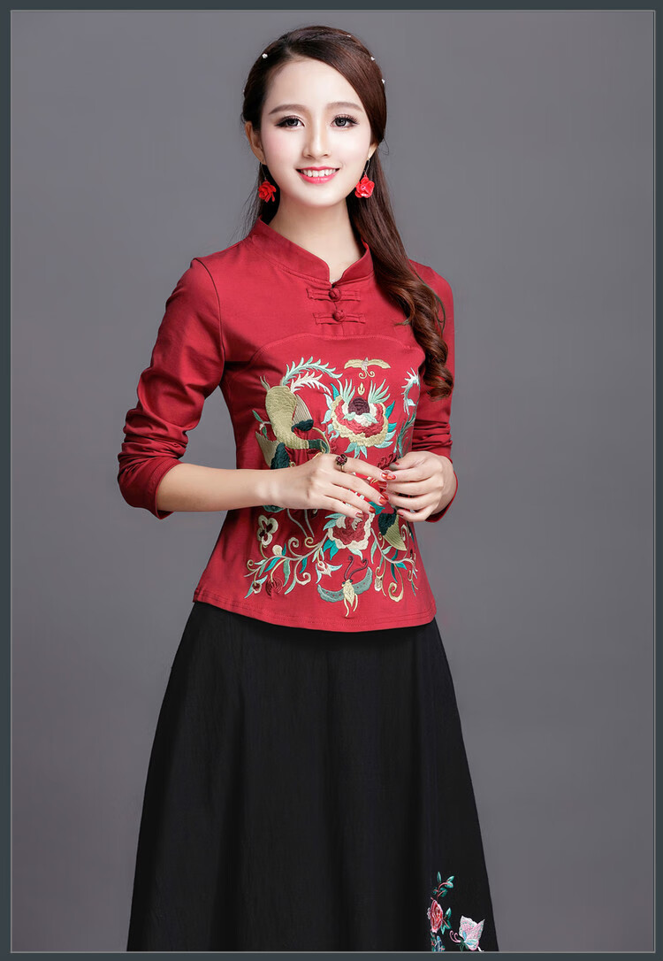 中国风春装新款 民族风女装上衣绣花长袖t恤女立领刺绣大码打底衫