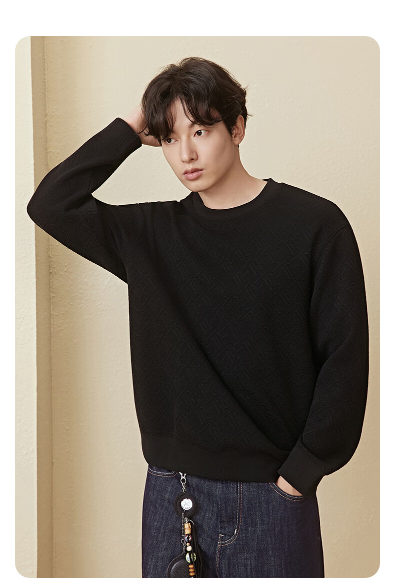 GXG Men's Round Neck Sweatshirt, Two-Tone Textured Jacquard, Long-Sleeve Inner Layer Top, Black, 180/XL 3