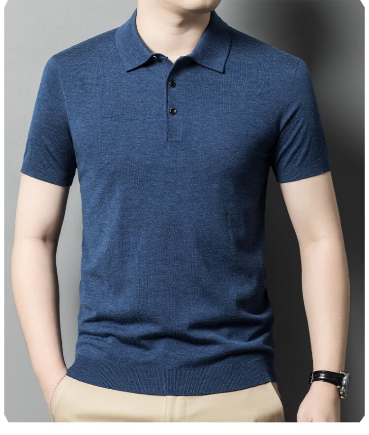 Hengyuanxiang [Contains Wool] Men's Lapel Short-Sleeve Sweater, Middle-Aged Knitted Half-Sleeve Undershirt T-Shirt, Wine Red, L 14