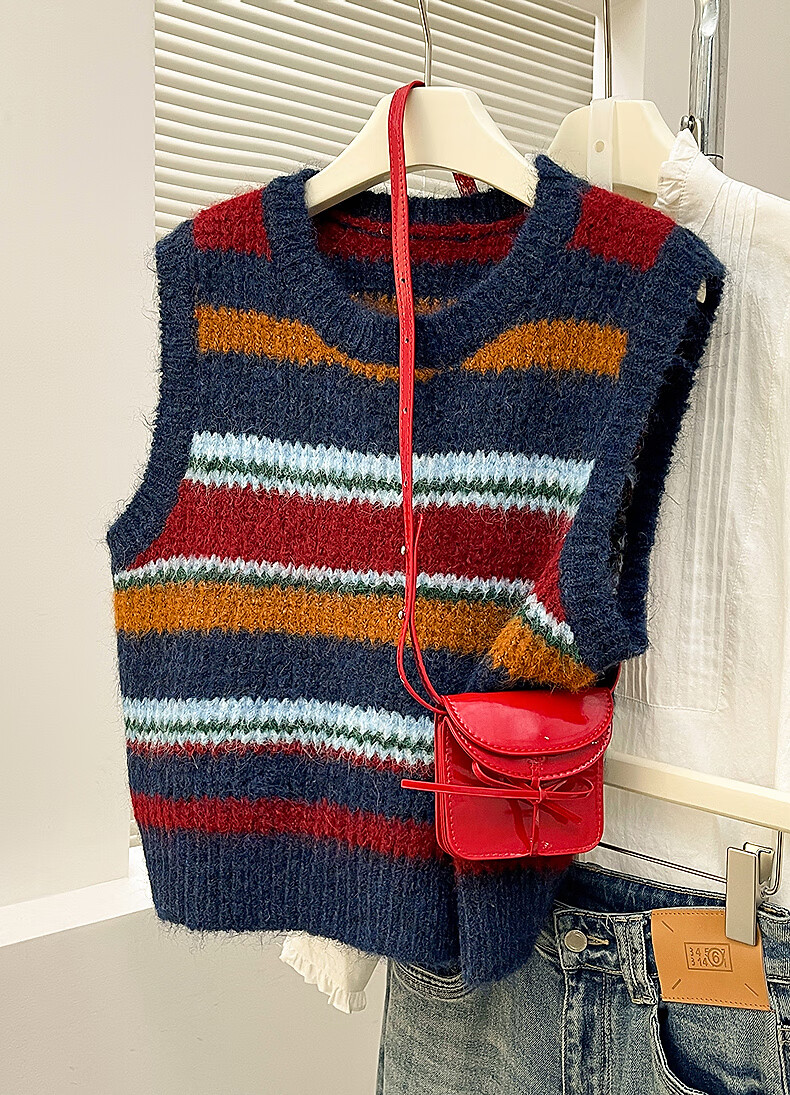 TonLion 2025 Autumn Winter Colorful Striped Design Women's Crew Neck Pullover Vest 2