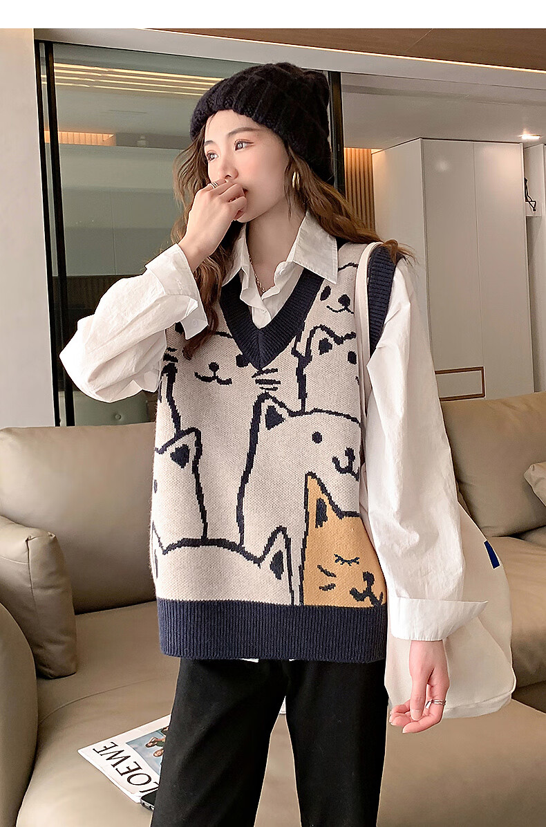 TonLion 2025 Autumn Winter Many Cats V-Neck Women's Pullover Vest 2