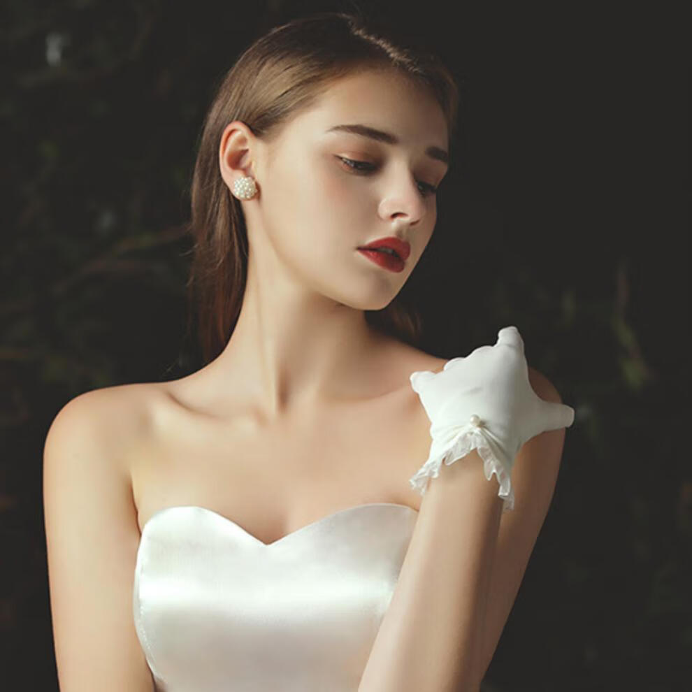 结婚手套 礼仪直播迎宾珍珠白手套缎面纱新娘伴娘珠宝旅拍婚纱礼服