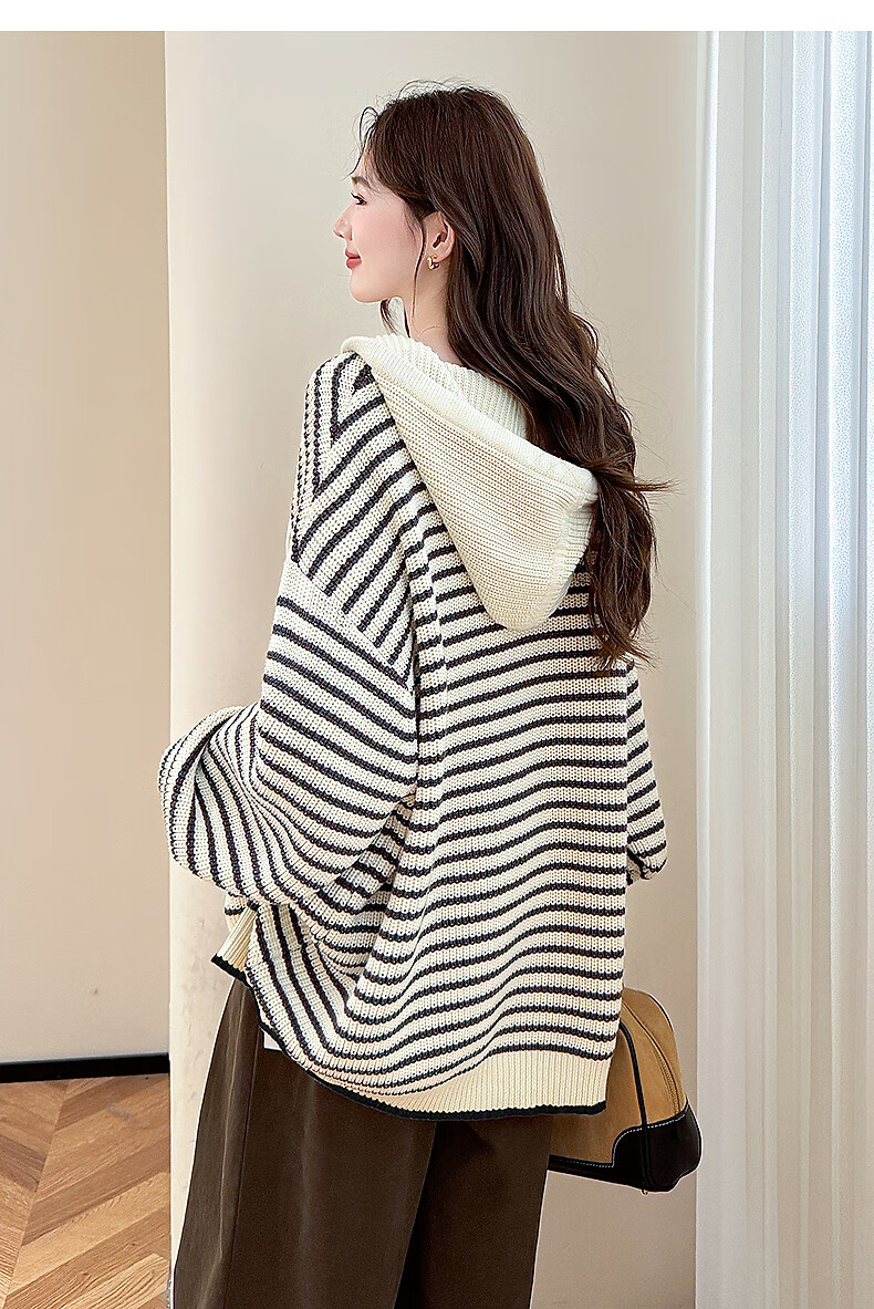 TonLion 2025 Autumn Winter Classic Striped Hooded Knit Cardigan Women's Premium Sweater Jacket 7