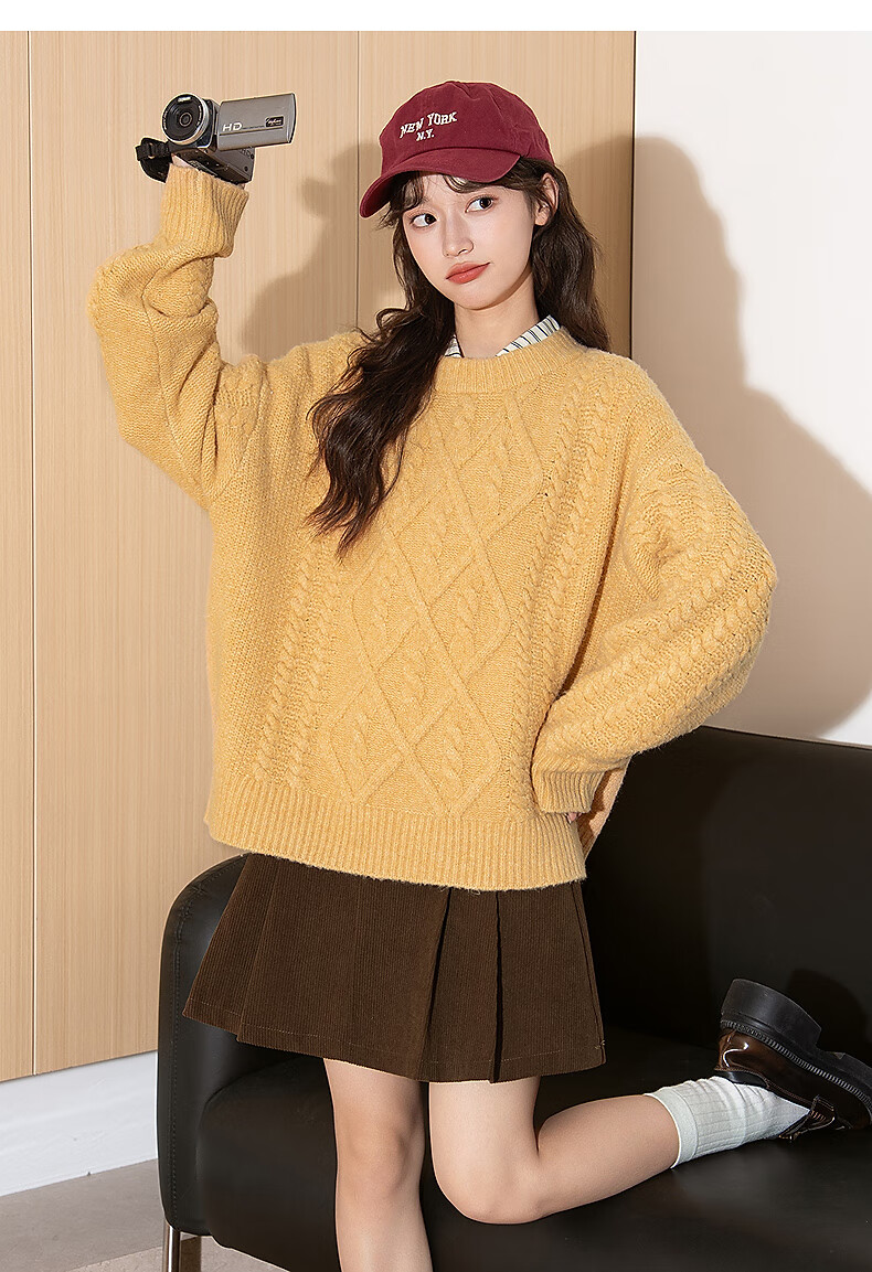 TonLion 2025 Autumn Winter Women's Crew Neck Solid Color Cable Knit Sweater 8