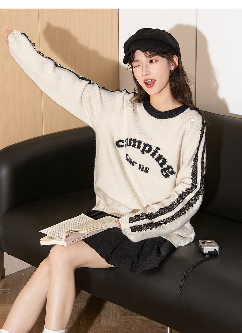 TonLion 2025 Autumn Winter Women's Crew Neck Color-Block Striped Front Text Knit Sweater 14