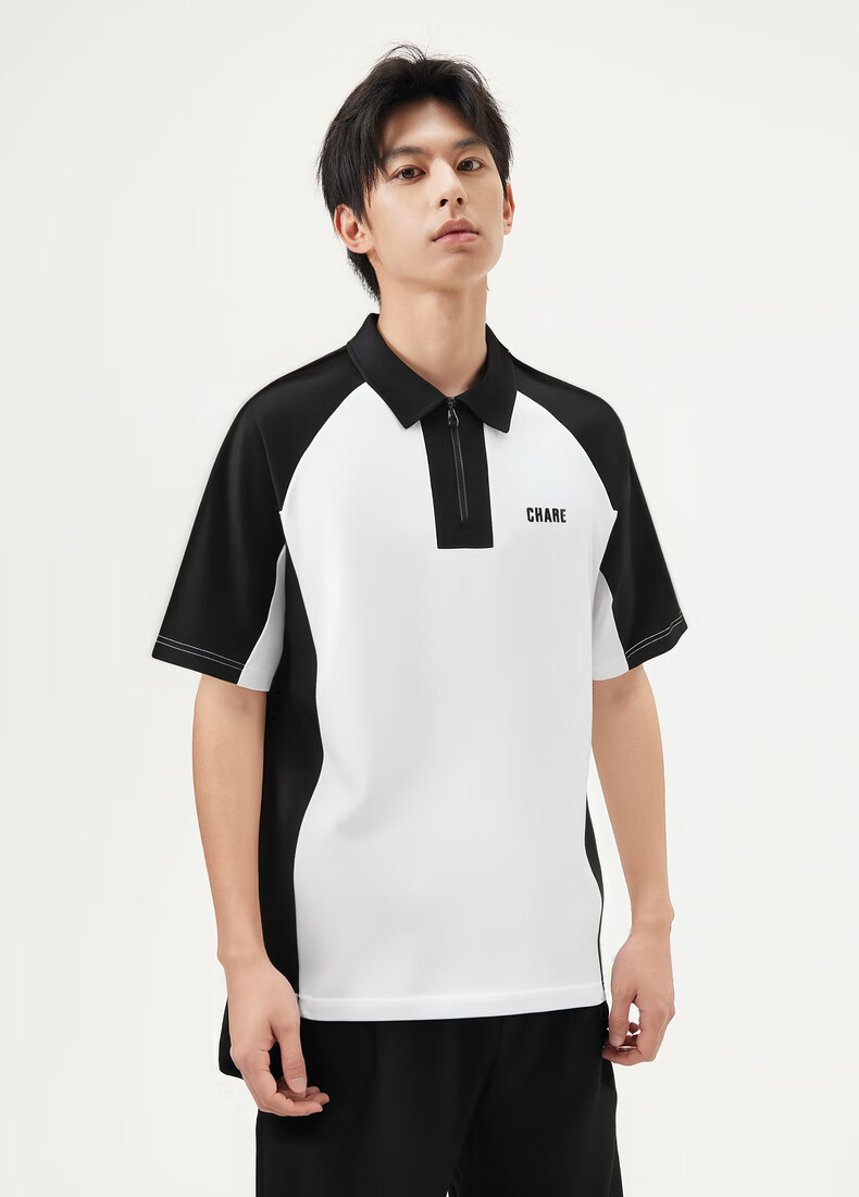 Gxgjeans Men's Colorblock Patchwork Loose Half-Zip Short Sleeve Polo Shirt Summer New White/Black 175/L 10