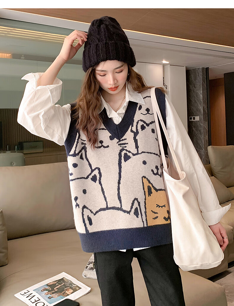 TonLion 2025 Autumn Winter Many Cats V-Neck Women's Pullover Vest 4