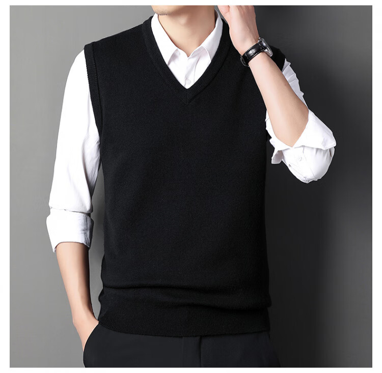 Hengyuanxiang Men's Knitted Vest Sleeveless Sweater Black XL Autumn Winter Thick Warm V-Neck Dad Style 10