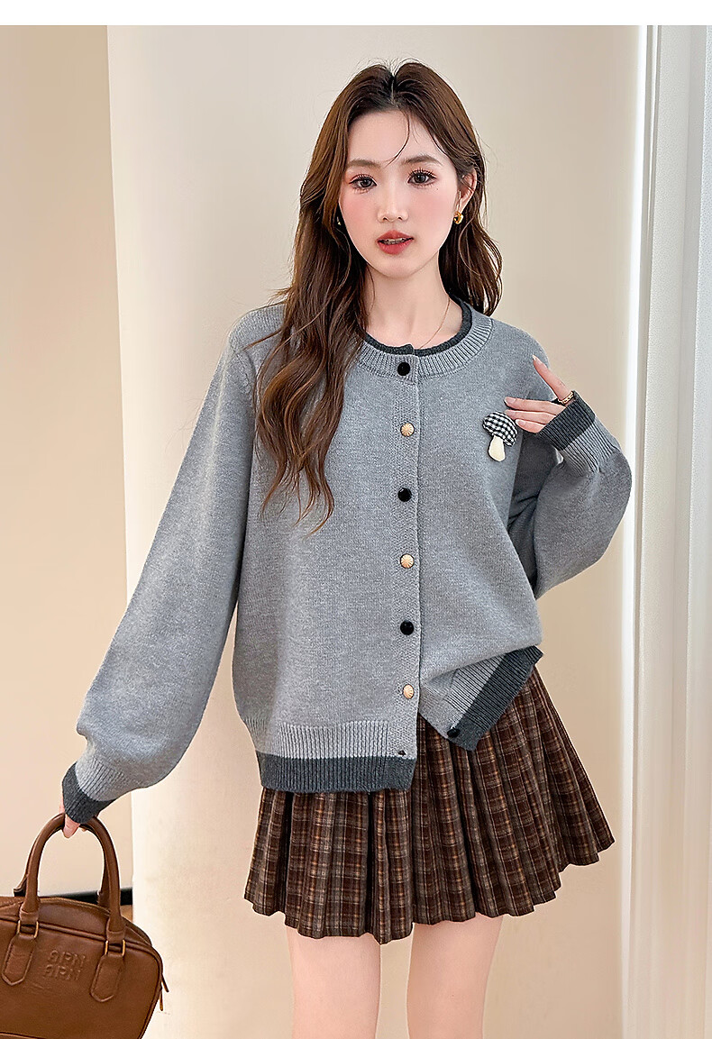 TonLion 2025 Autumn Winter Fun Trim Design Women's Faux Two-Piece Crew Neck Cardigan 8