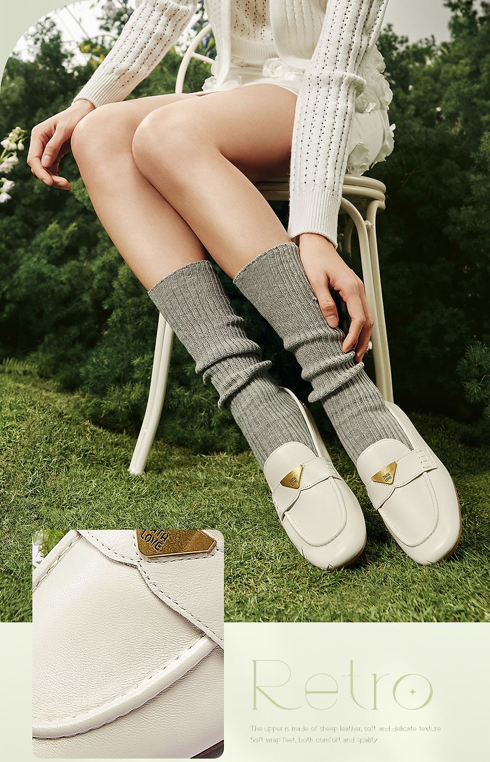 TATA Women's White Loafers with Small Gold Beans, Flat Sole, Sheepskin, Gray, Lambskin, Size 37 6
