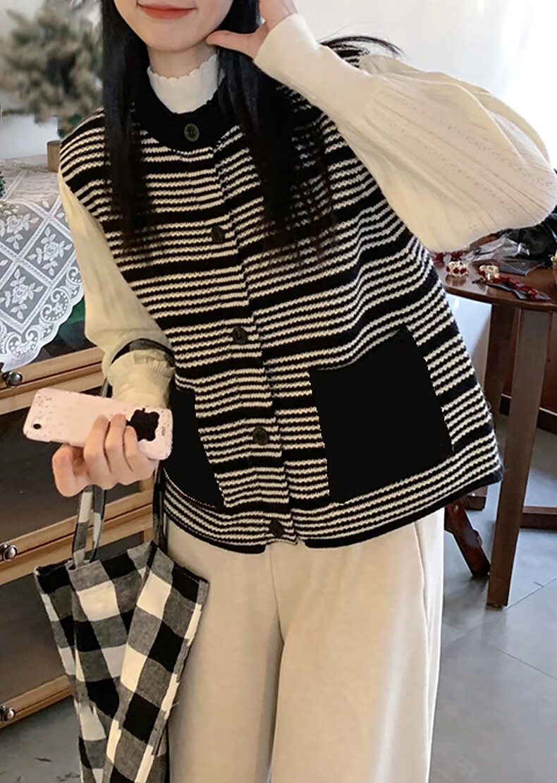 TonLion 2025 Autumn Winter Striped Design Crew Neck Cardigan Vest for Women 2