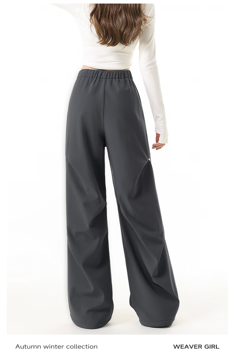 MJ STYLE Studded Work Pants for Women 2026 Winter New Fleece-Lined Warm Cool Wide-Leg Straight-Leg Paratrooper Casual Pants 6