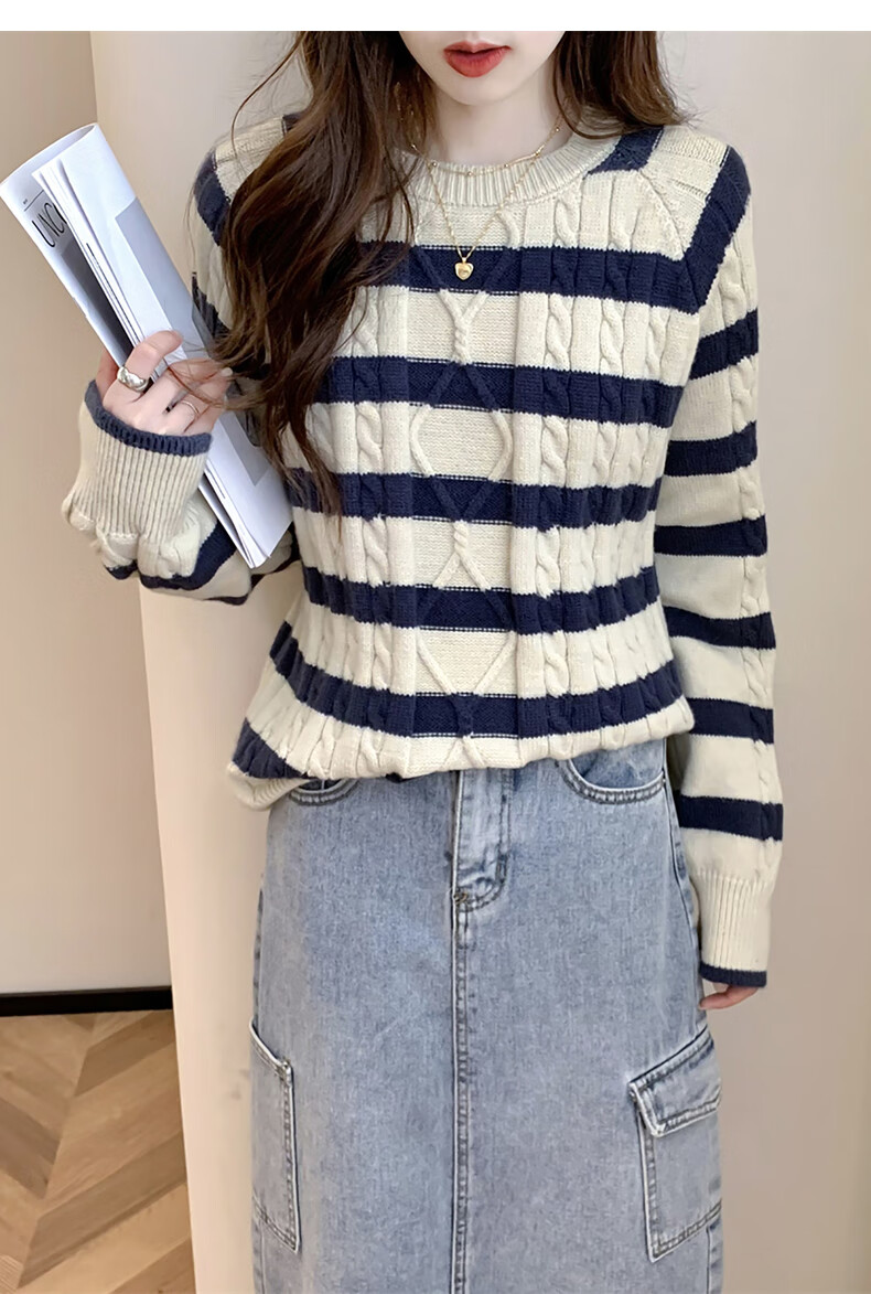 TonLion 2025 Autumn Winter Striped Cable Knit Women's Crew Neck Pullover Sweater 9