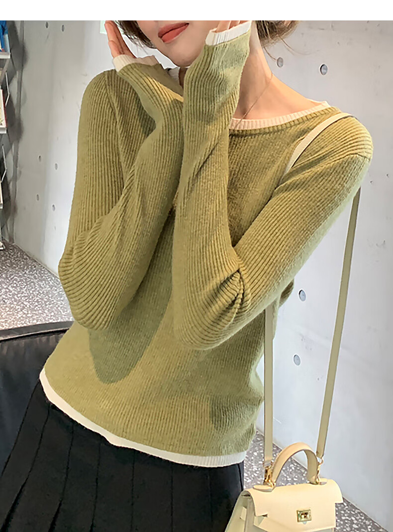 TonLion 2025 Autumn Winter Colorblock Faux Two-Piece Crew Neck Pullover Knit Sweater for Women Slim Fit Top 4