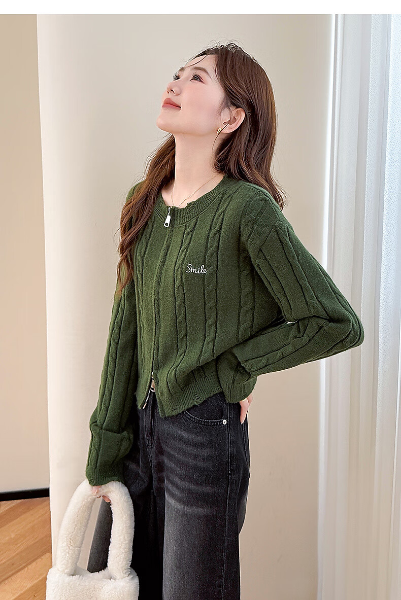 TonLion 2025 Autumn Winter Women's Cable Knit Zipper Round Neck Cardigan 5