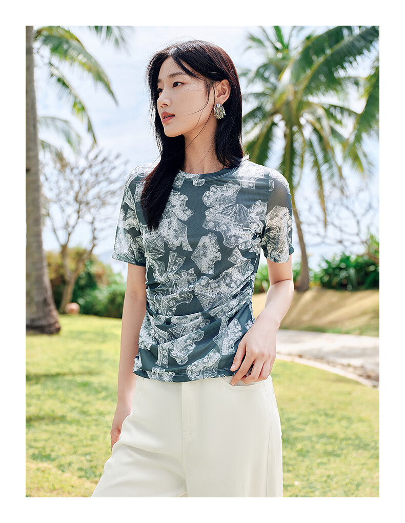 JUZUI AnnaKou Elegant Lace Printed Pleated Round Neck Waist Cinched Tulle Short Sleeve Women's Summer Top Floral Green Gray M 2