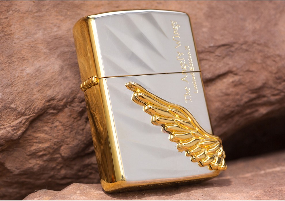 打火机zippo煤油正版原装 限量版镀金色盔甲雕刻环绕贴章 天使之翼