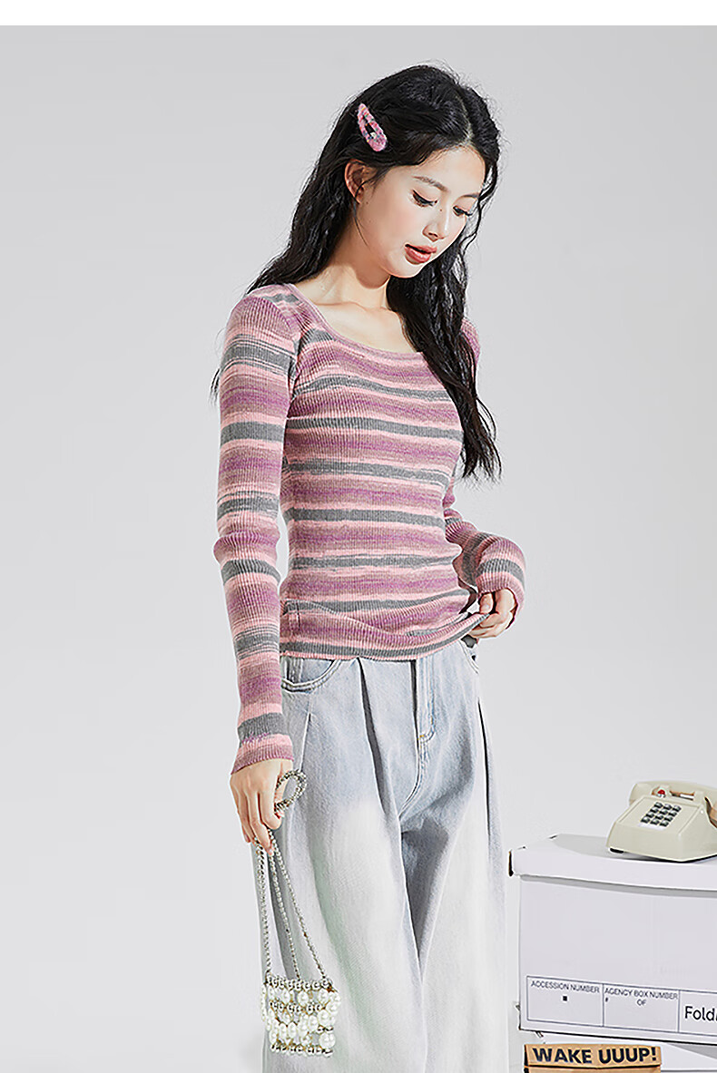 TonLion 2025 Autumn Winter Women's Crew Neck Striped Long Sleeve Base Shirt 7