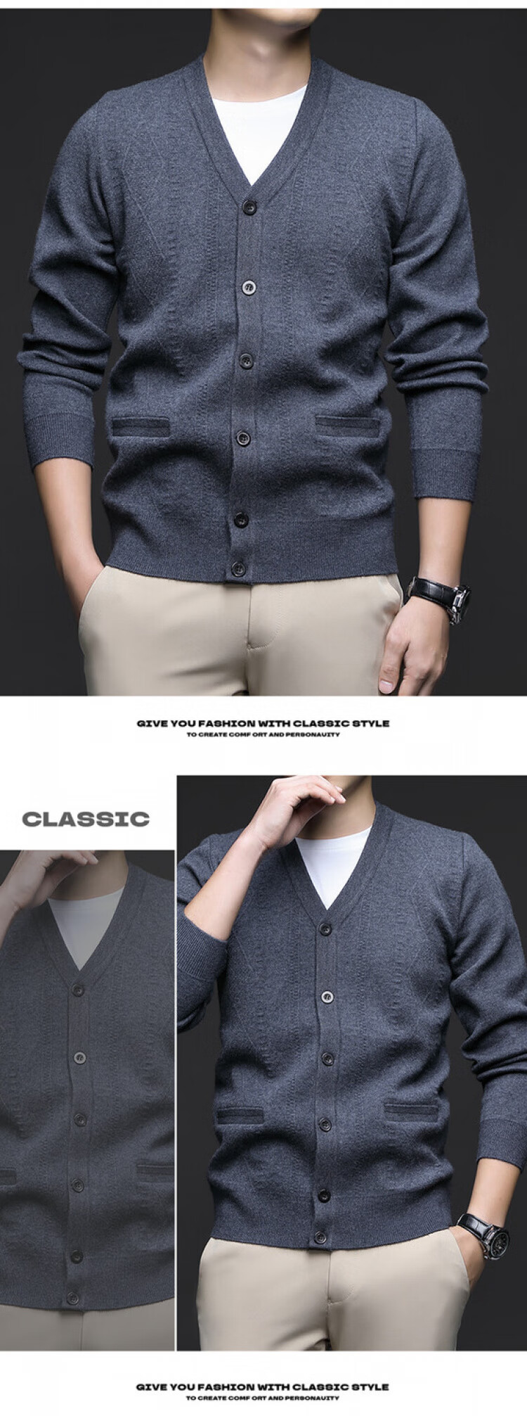 Hengyuanxiang Men's Knitted Cardigan Jacket Autumn Winter Middle-aged Solid Color Long Sleeve V-neck Button Sweater Light Camel L 13