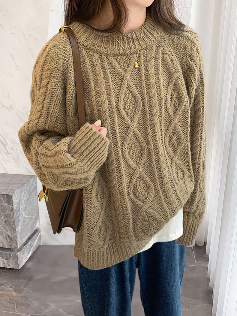 TonLion 2025 Autumn Winter Retro Style Cable Knit Women's Crew Neck Pullover Sweater 2