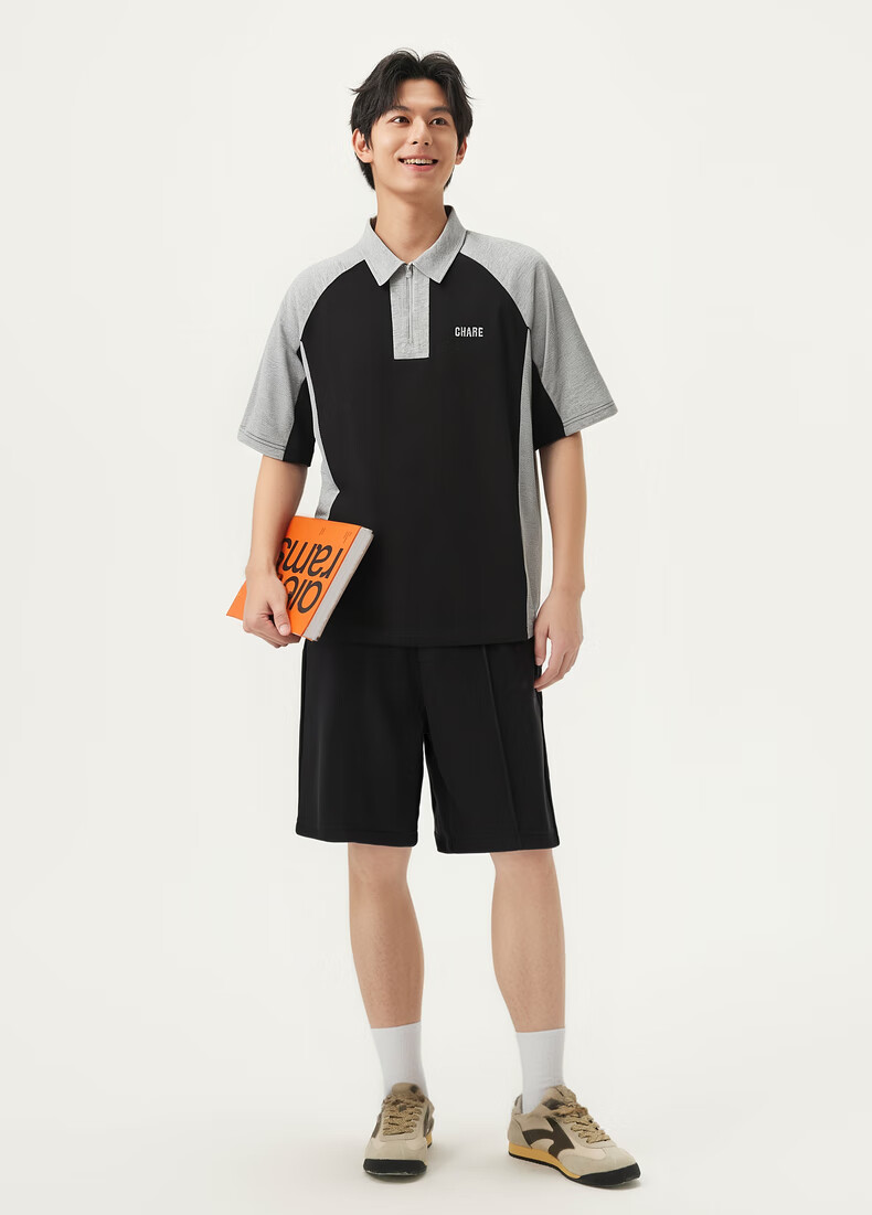 Gxgjeans Men's Colorblock Patchwork Loose Half-Zip Short Sleeve Polo Shirt Summer New White/Black 175/L 8