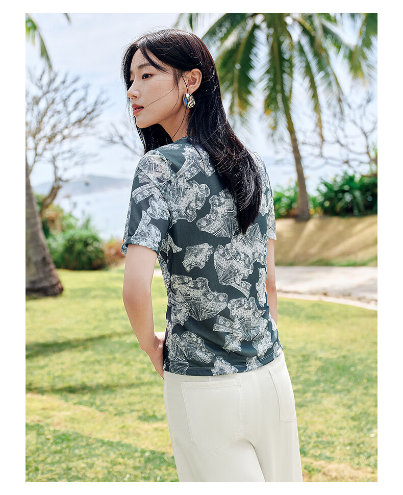 JUZUI AnnaKou Elegant Lace Printed Pleated Round Neck Waist Cinched Tulle Short Sleeve Women's Summer Top Floral Green Gray M 11