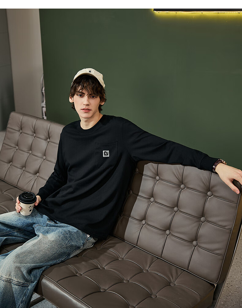 TonLion 2025 Autumn Men's T-Shirt with Large Left Chest Pocket, Zipper Logo Design, Round Neck, Long Sleeve 5