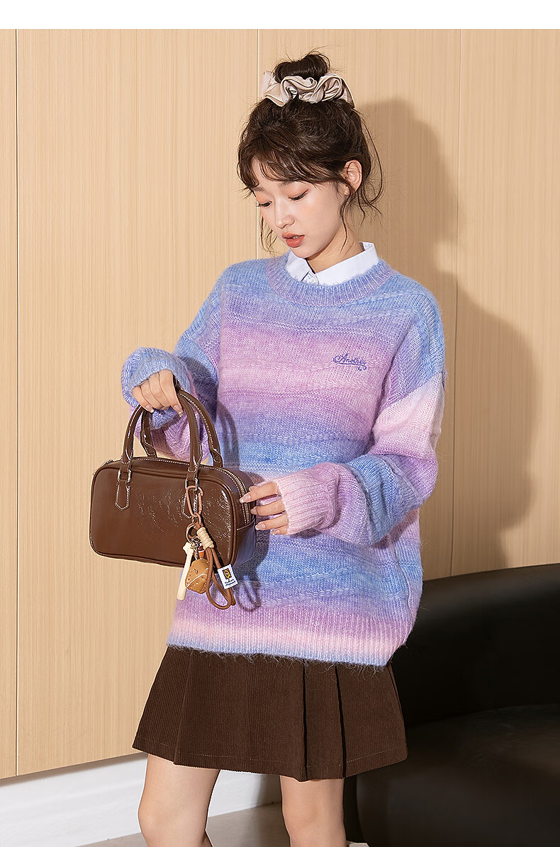 Tangshi 2025 Autumn Winter Women's Gradient Yarn Texture Crew Neck Sweater 3