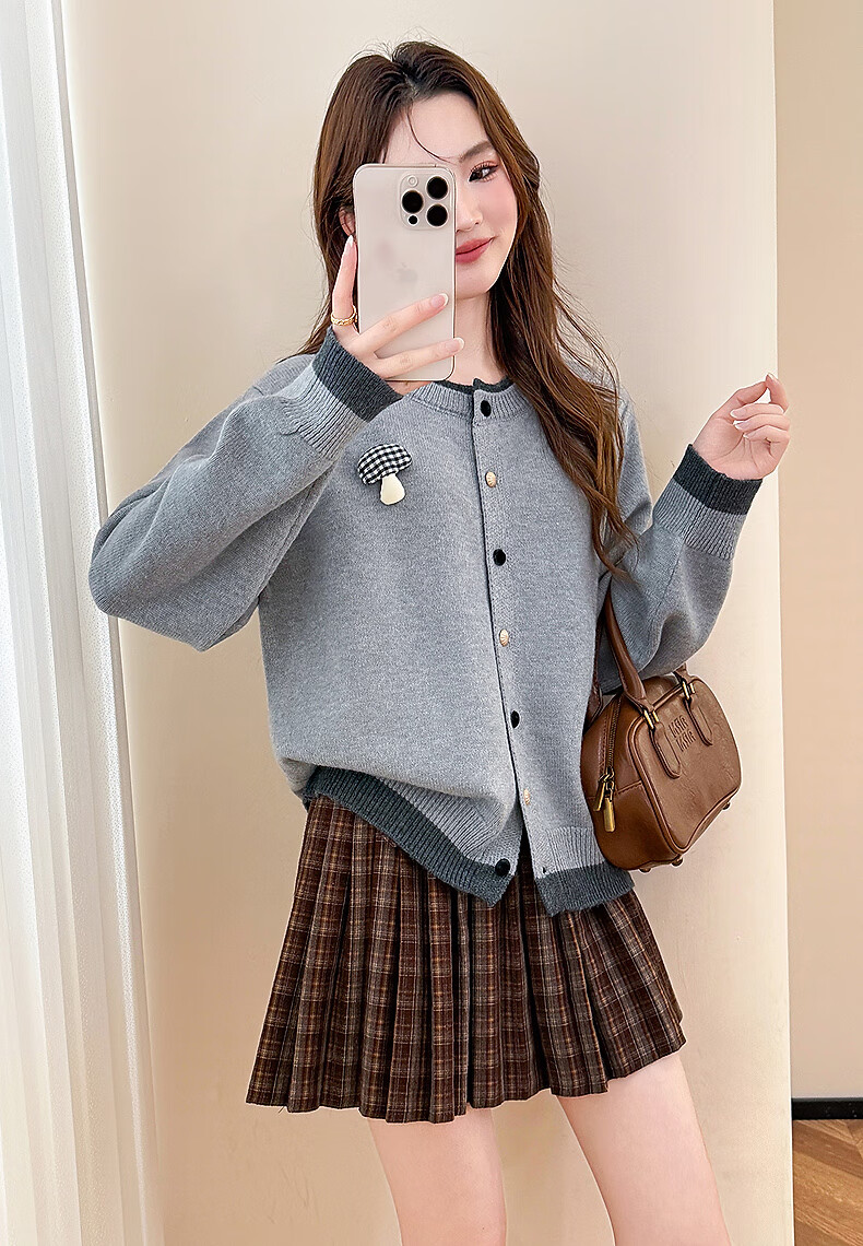 TonLion 2025 Autumn Winter Fun Trim Design Women's Faux Two-Piece Crew Neck Cardigan 2