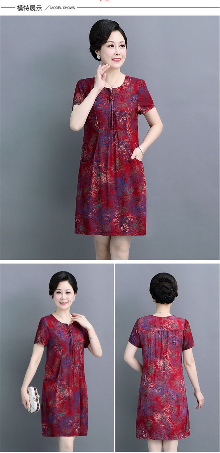 高档轻奢奶奶绵绸连衣裙中老年女装60岁70妈妈中长款老人棉绸短袖裙子