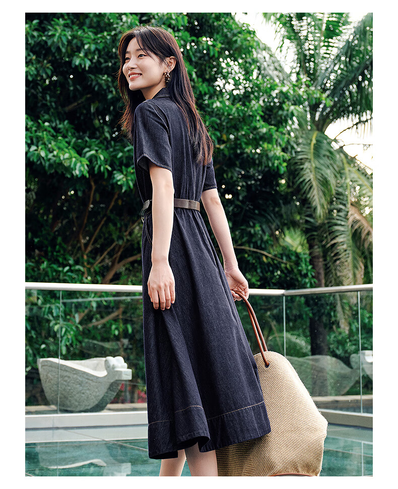 JUZII ANNAKOU Sea Salt Summer Elegant Commuter Slim Lightweight Denim Dress Summer Dark Blue XS 12