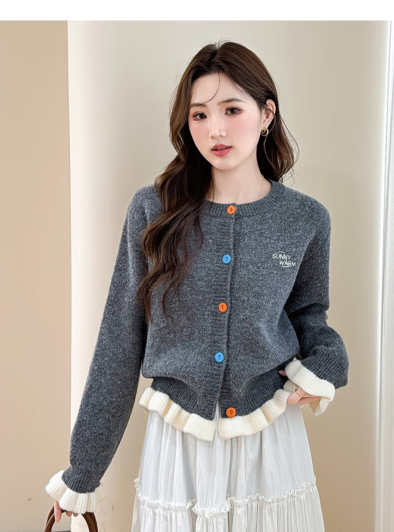 TonLion 2025 Autumn Winter Small Embroidery Color-Block Buttoned Women's Crew Neck Cardigan 3