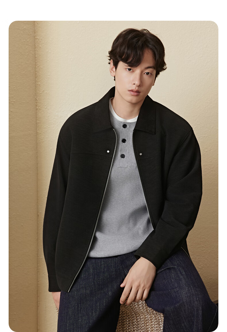 GXG Men's Oversized Executive Suede Jacket with Studded Placket Casual Lapel Coat Black 180/XL 3