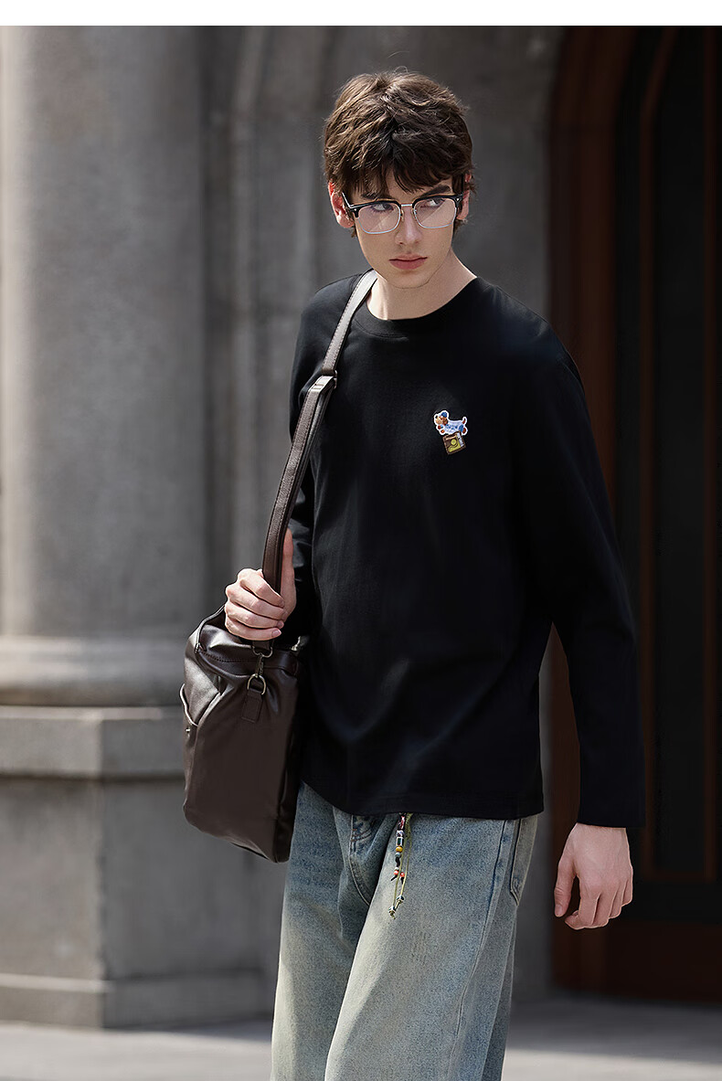 TonLion Spring And Autumn 2026 New Long-Sleeve T-Shirt for Men, Loose-Fitting Sausage Pattern Round Neck Top, Inner Layer Solid Color Undershirt 5