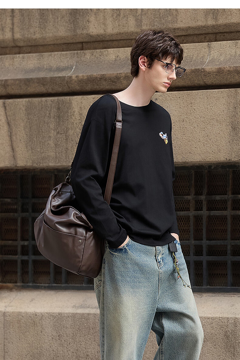 TonLion Spring And Autumn 2026 New Long-Sleeve T-Shirt for Men, Loose-Fitting Sausage Pattern Round Neck Top, Inner Layer Solid Color Undershirt 6