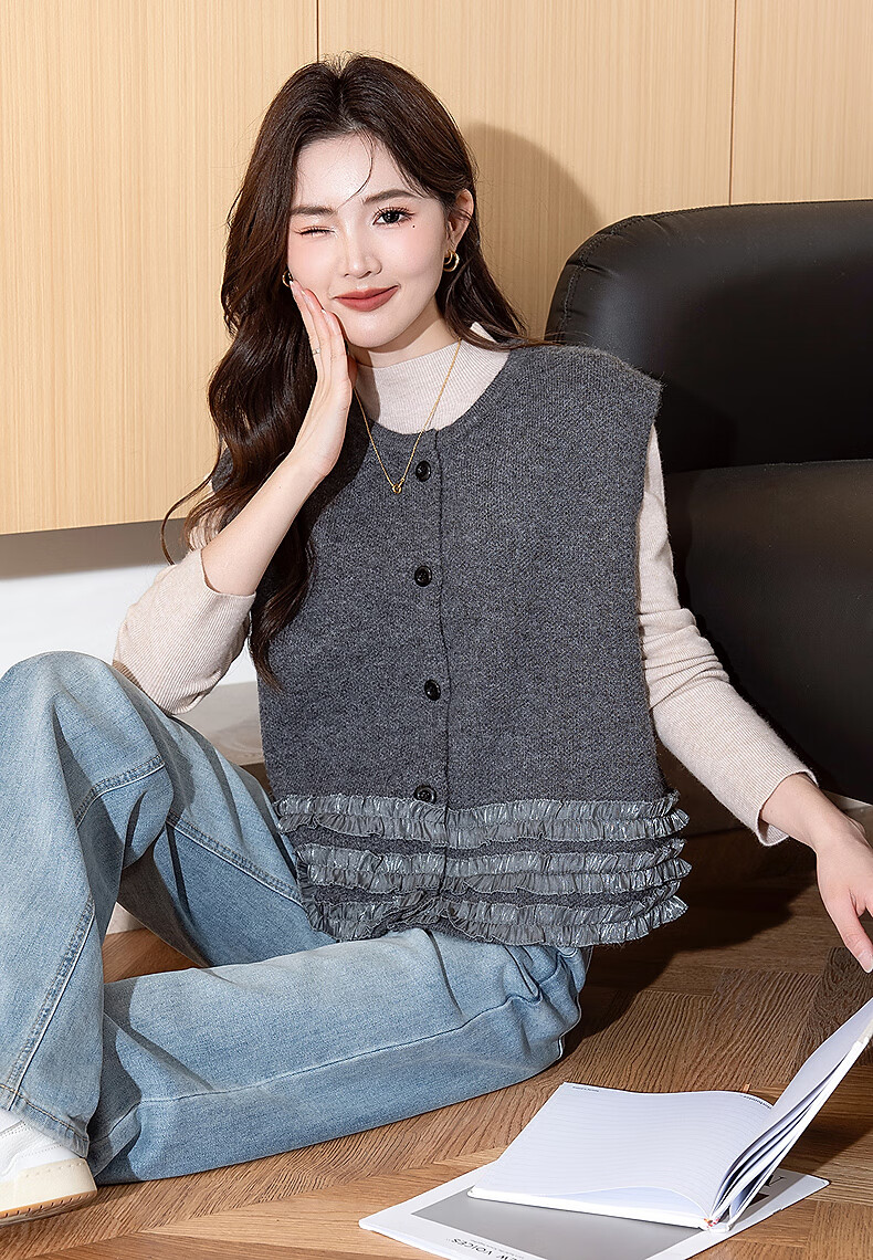 TonLion 2025 Autumn Winter Elegant Women's Crew Neck Cardigan Vest 2