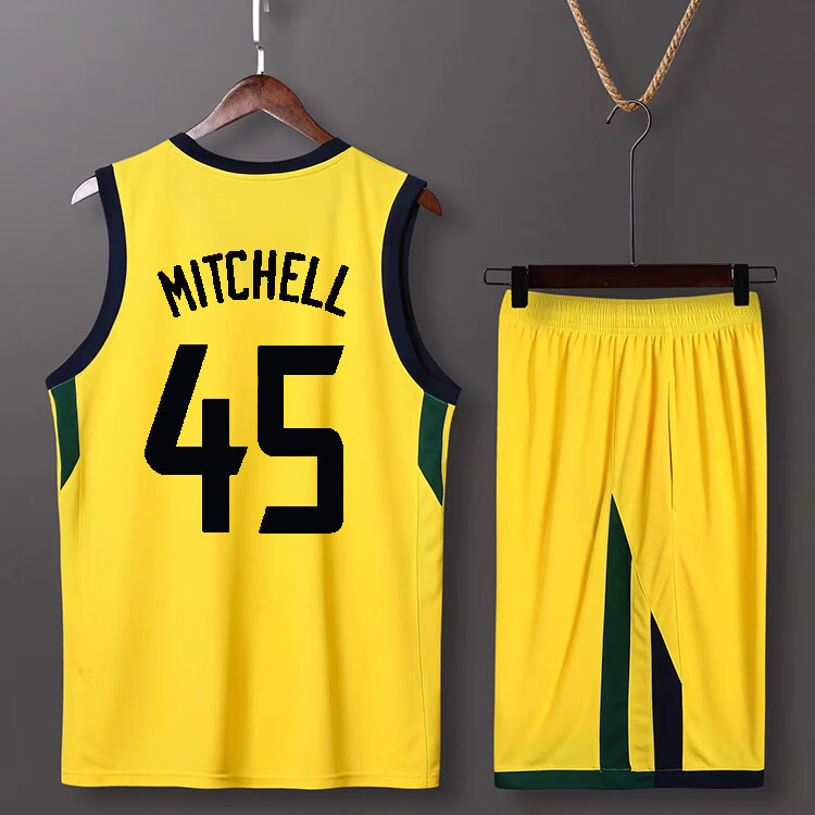 米切尔45号球衣爵士队篮球服儿童短袖背心训练服团购定制套装深蓝色