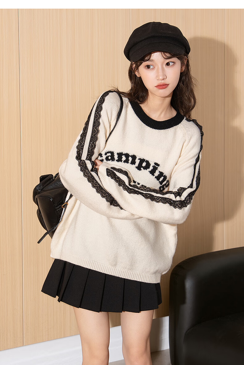 TonLion 2025 Autumn Winter Women's Crew Neck Color-Block Striped Front Text Knit Sweater 16