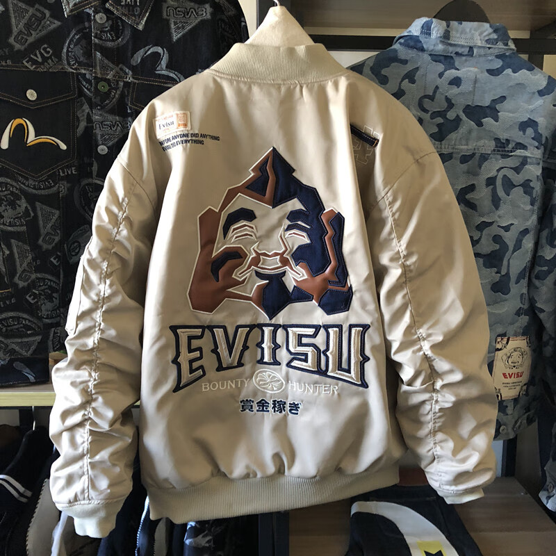 evisu福神潮牌21秋冬男女士佛头刺绣飞行员休闲夹克棒球服外套 白色