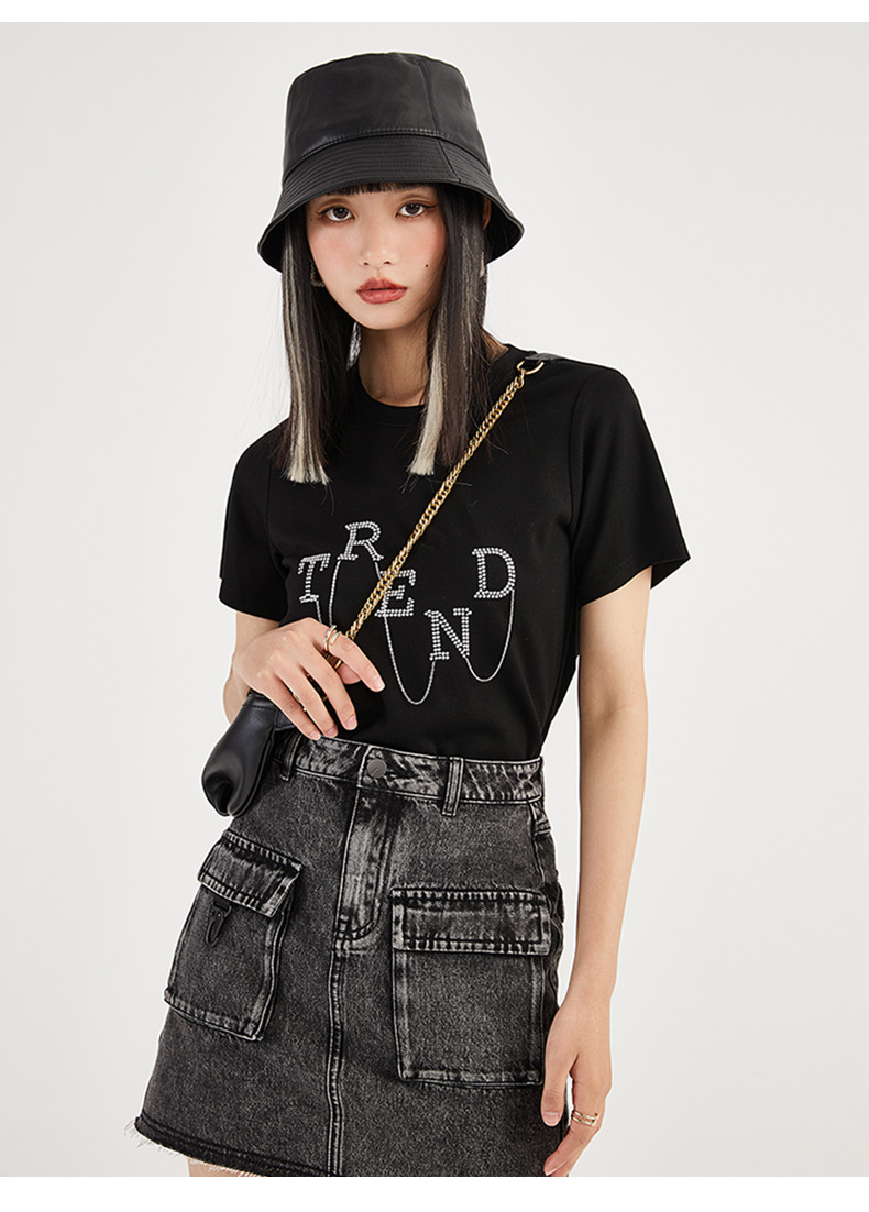 佧茜文t恤新款女装ins风链条字母烫花宽松短袖上衣女 黑色 s【图片