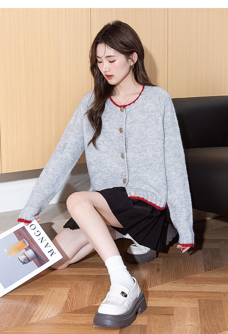 TonLion 2025 Autumn Winter Women's Color-Block Trim Round Neck Cardigan 9