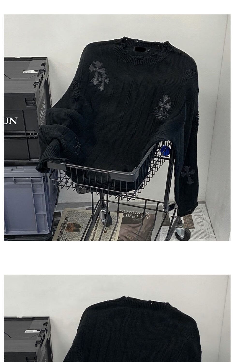 克罗心ado破洞毛衣男秋冬季宽松美式十字架针织衫情侣oversize潮牌