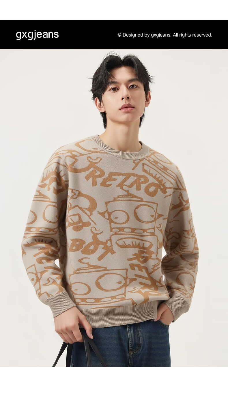 Gxg.jeans Men's Casual Loose Fit Sweater with Fun Pattern, Crew Neck Knitwear, Fall/Winter 2025 New, Black, Size 170/M 1