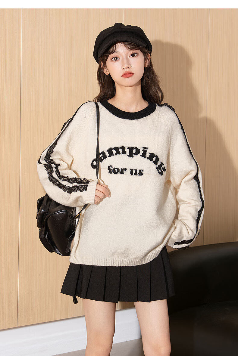 TonLion 2025 Autumn Winter Women's Crew Neck Color-Block Striped Front Text Knit Sweater 15