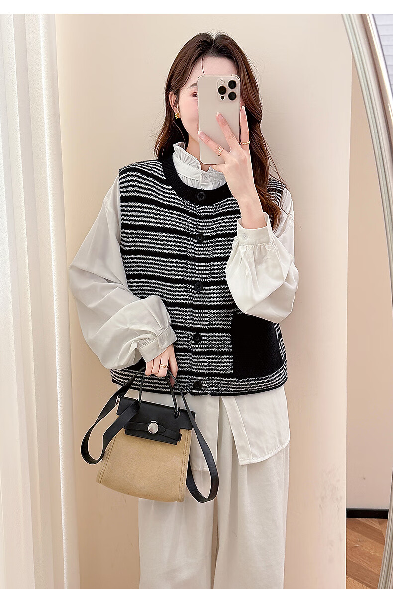 TonLion 2025 Autumn Winter Striped Design Crew Neck Cardigan Vest for Women 6