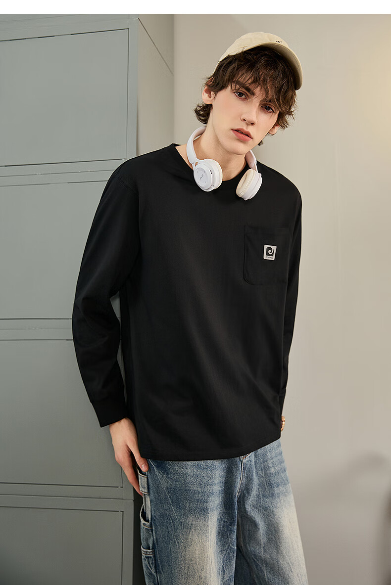 TonLion 2025 Autumn Men's T-Shirt with Large Left Chest Pocket, Zipper Logo Design, Round Neck, Long Sleeve 7