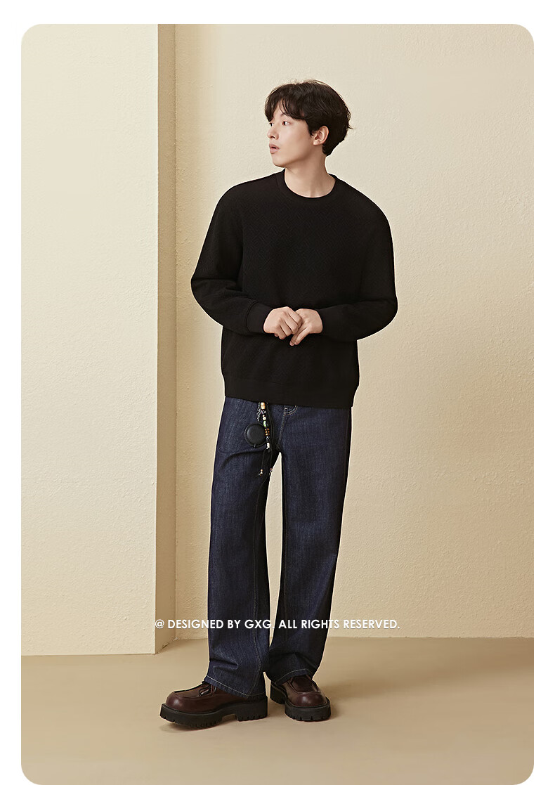 GXG Men's Round Neck Sweatshirt, Two-Tone Textured Jacquard, Long-Sleeve Inner Layer Top, Black, 180/XL 6